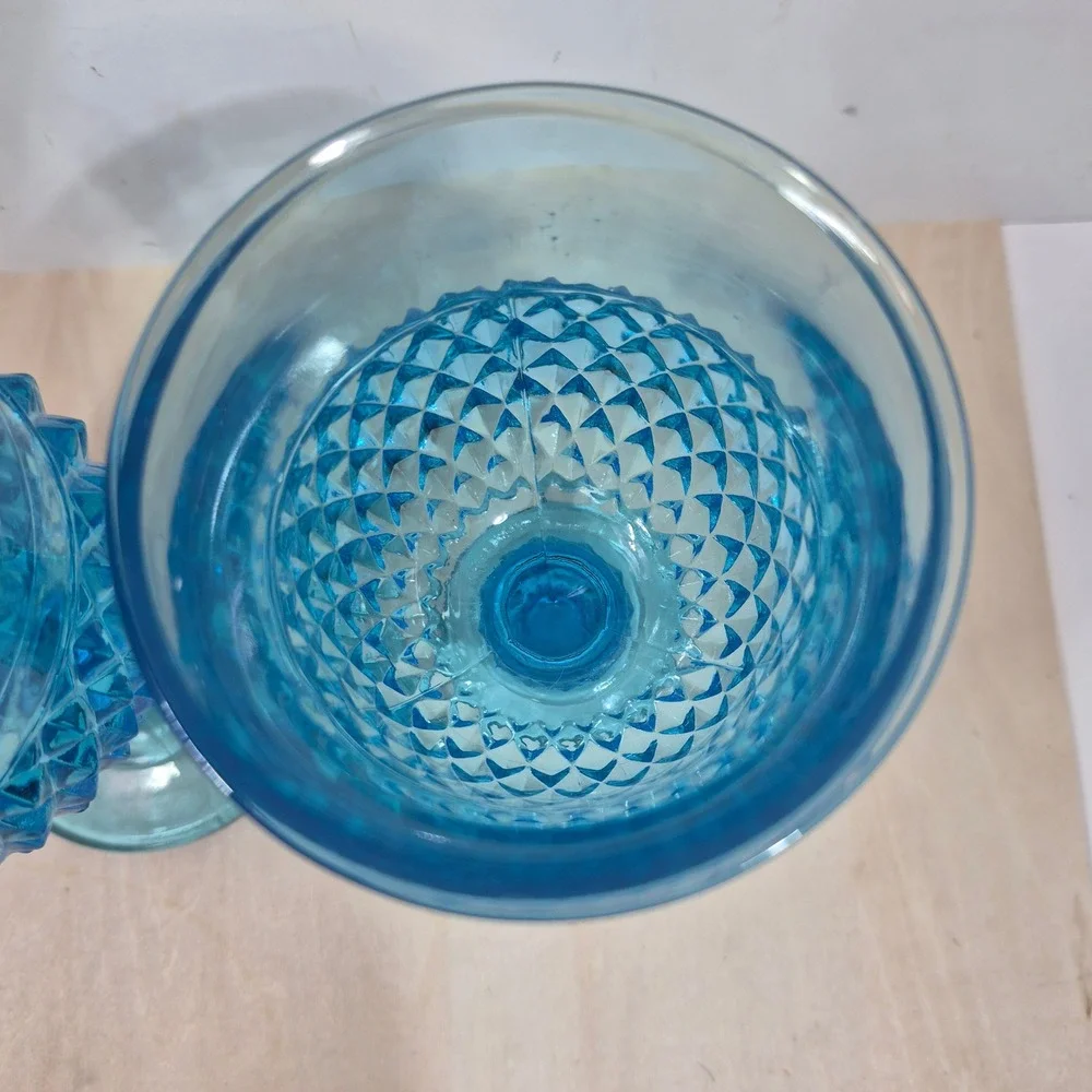 Vintage Blue Glass Goblets Diamond Point Pattern Water Wine Chalice Set of 2